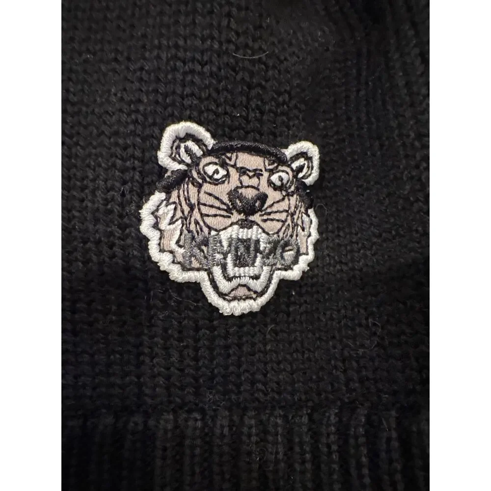 Kenzo Tiger head Black Beanie with Blue Stripe